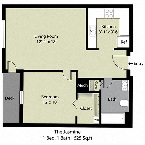 Floor plan for 1 bed, 1 bath, 625 sqft
